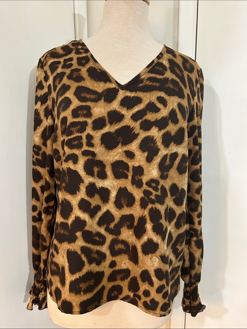 Source Unknown Leopard Print V-Neck Long Sleeve Top - Brown & Black